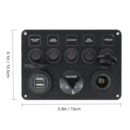 12-24V Red 5 Switch Panel Volt USB Port 12V Outlet Combination Marine LED Rocker