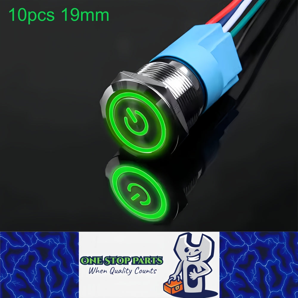 10 x 19mm Metal Push Button Switch Green LED 12V-24V Pre-Wired Self-Rest Switch