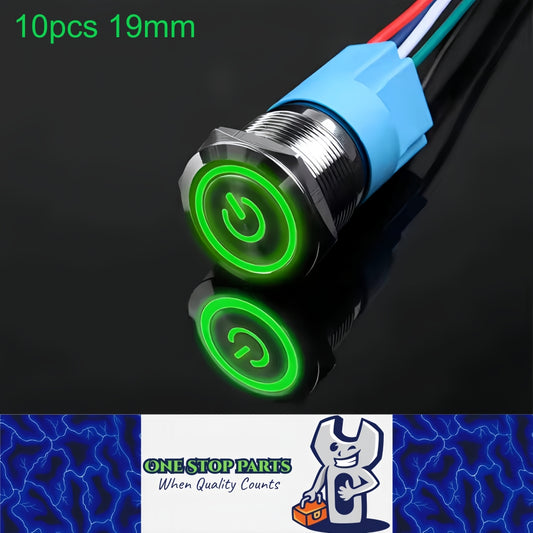 10 x 19mm Metal Push Button Switch Green LED 12V-24V Pre-Wired Self-Rest Switch