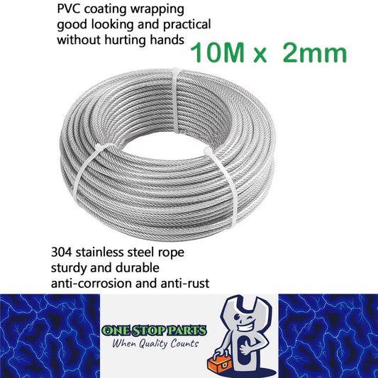 10m x 2mm 304 Stainless Steel Cable Rope PVC Coated Heavy Duty Wire Cable Rope