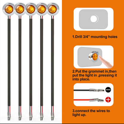 10 x Amber Round LED Side Marker Lamps 1.9CM 12V-24V LED Side Marker Lamps