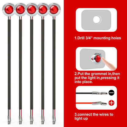 10 x Red Round LED Rear Marker Lamps 1.9CM 12V-24V LED Rear Marker Lights