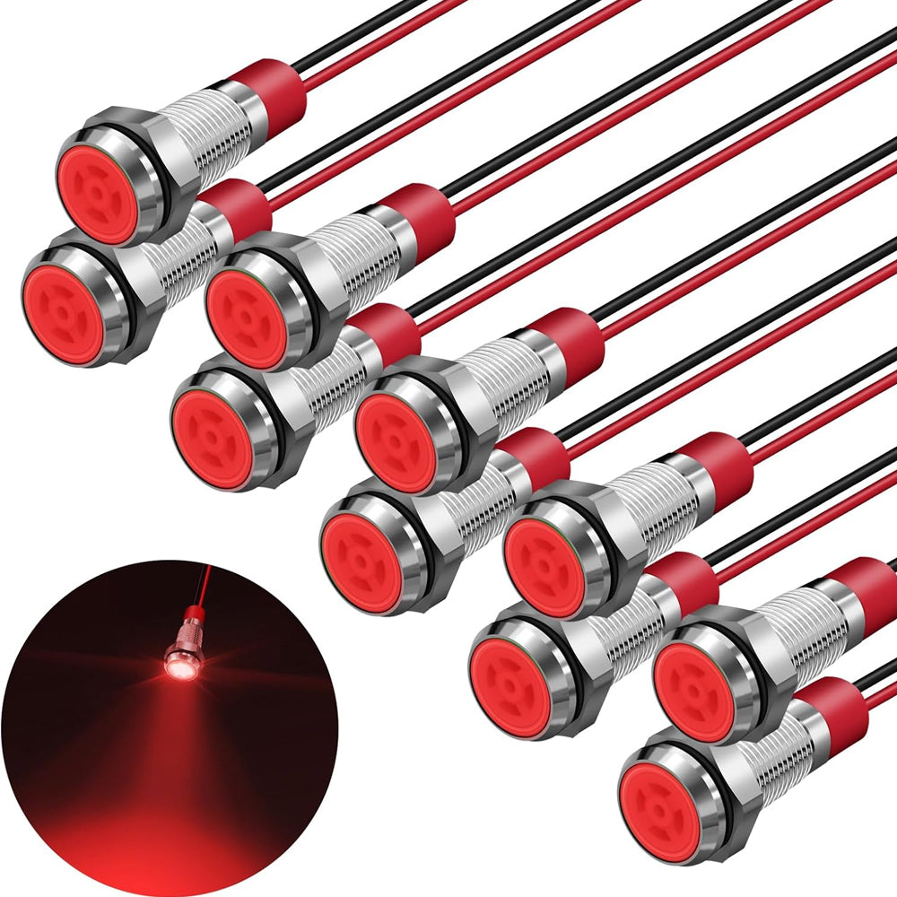 10 x Red LED Indicator Light 8mm Metal 12V-24V Pilot Signal Lamp IP67 Car Boat