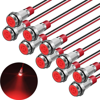 10 x Red LED Indicator Light 8mm Metal 12V-24V Pilot Signal Lamp IP67 Car Boat