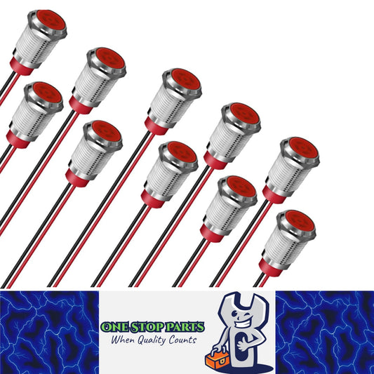 10 x Red LED Indicator Light 8mm Metal 12V-24V Pilot Signal Lamp IP67 Car Boat