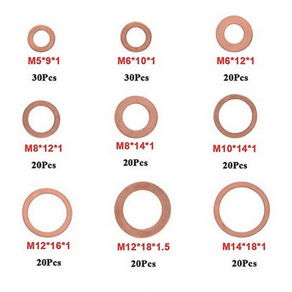 200 x Assorted Copper Sump Plug Washers M5 M6 M8 M10 M12 M14 Suits Most Vehicles