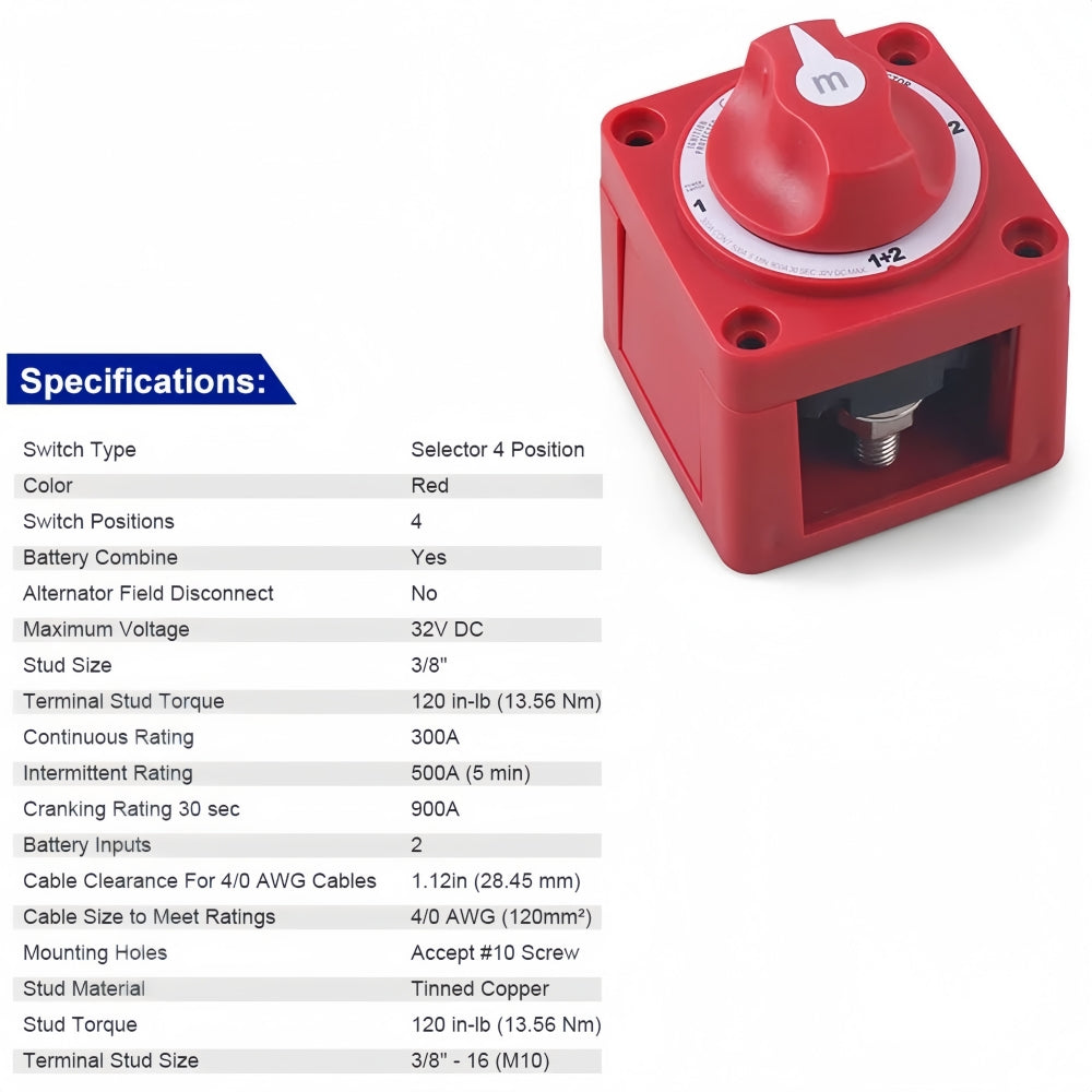 300A Battery Disconnect Switch 4 Position 1/2/1+2/Off Car Boat Marine Switch