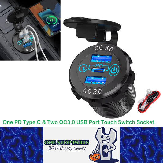 12-24V USB Charger Outlet One PD Type C & Two QC3.0 USB Port Touch Switch Socket
