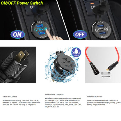 12-24V USB Charger Outlet One PD Type C & Two QC3.0 USB Port Touch Switch Socket