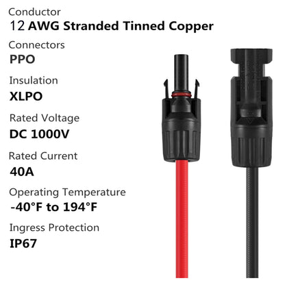 Pair 5M 12AWG 4mm² Solar Panel Extension Cable with Female and Male Connector
