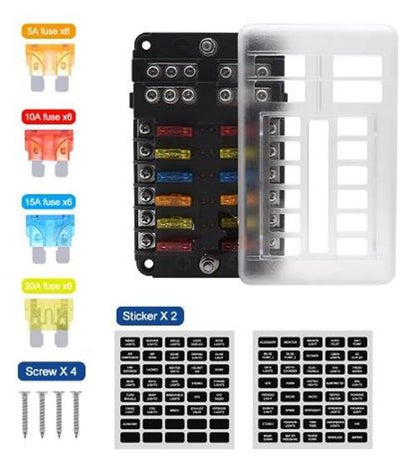 12 Way Fuse Box with cover and name plate stickers with busbar (1pc)