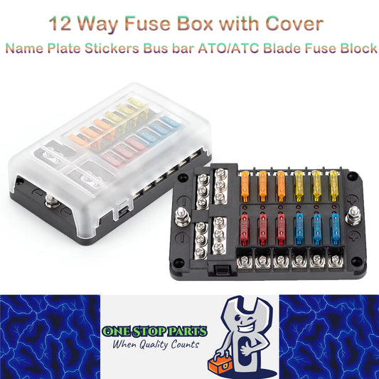 12 Way Fuse Box with Cover Name Plate Stickers Bus bar ATO/ATC Blade Fuse Block