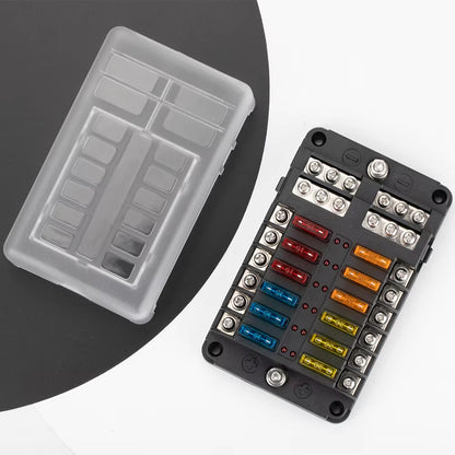 12 Way Fuse Box with Cover Name Plate Stickers Bus bar ATO/ATC Blade Fuse Block