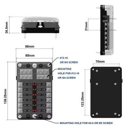 12 Way Fuse Box with Cover Name Plate Stickers Bus bar ATO/ATC Blade Fuse Block