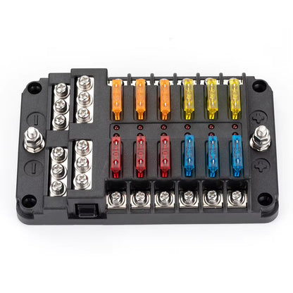 12 Way Fuse Box with Cover Name Plate Stickers Bus bar ATO/ATC Blade Fuse Block