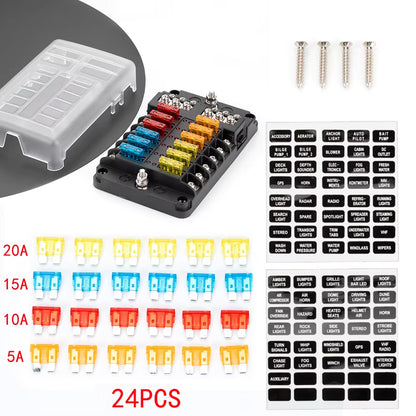 12 Way Fuse Box with Cover Name Plate Stickers Bus bar ATO/ATC Blade Fuse Block