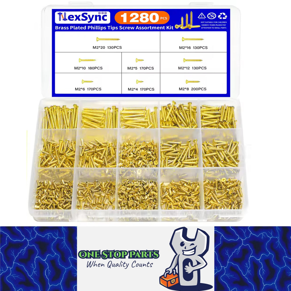 1280pcs M2 Brass Plated Phillips Tips Screw Assortment Kit Self Tapping Screws