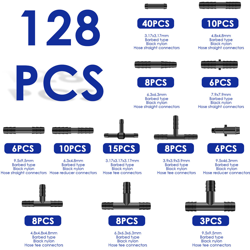 128PCS Vacuum repair hose kit joiners T pieces 9mm - 16mm variety mixed pack