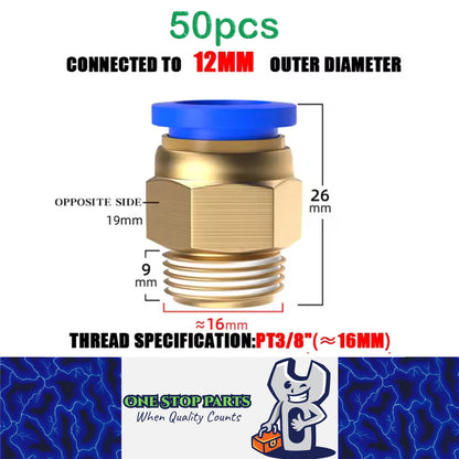 50 x Pneumatic Air Connector Fittings Push to Connect 12mm Tube to 16mm Thread