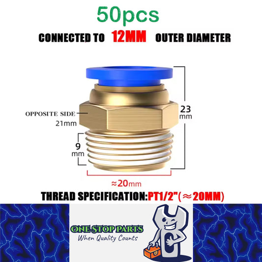 50 x Pneumatic Air Connector Fittings Push to Connect 12mm Tube to 20mm Thread