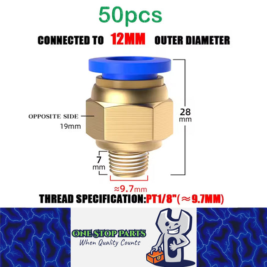50 x Pneumatic Air Connector Fittings Push to Connect 12mm Tube to 9.7mm Thread