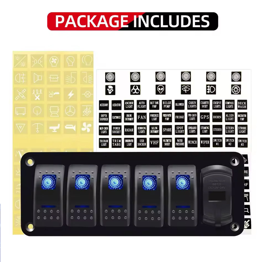 12V-24V Pre Wired 5 Gang Switch Panel LED Rocker Switch Panel with Volt USB Port