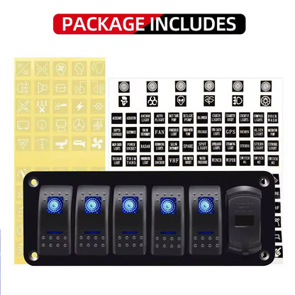 12V-24V Pre Wired 5 Gang Switch Panel LED Rocker Switch Panel with Volt USB Port