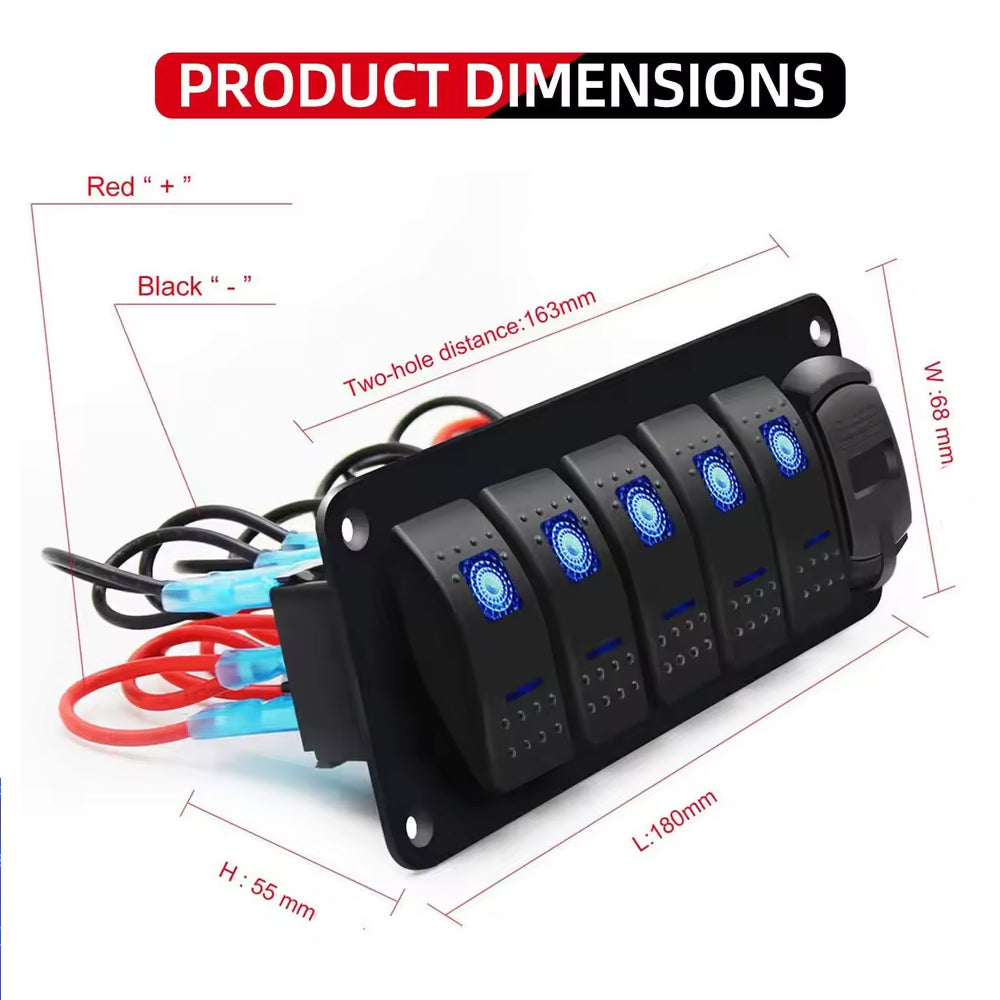12V-24V Pre Wired 5 Gang Switch Panel LED Rocker Switch Panel with Volt USB Port