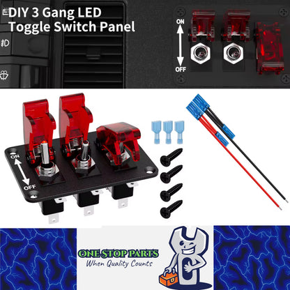 12V 3 Gang Toggle Switch Panel with LED Light and Flip Cover 3Pin ON/Off Switch