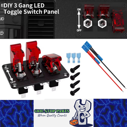 12V 3 Gang Toggle Switch Panel with LED Light and Flip Cover 3Pin ON/Off Switch