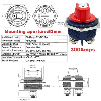 300A Battery Disconnect Isolator Switch 12-32V Cut Off Master for Car RV Boat