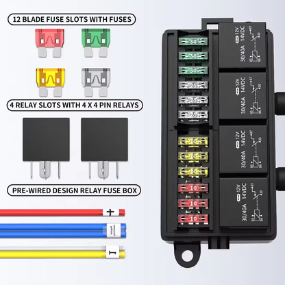 12V Pre-Wired Fuse Relay Box 4 Relays 12 ATC/ATO Fuses Waterproof for Car Marine