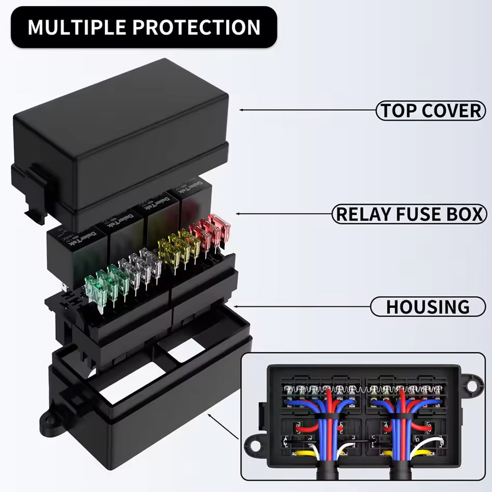 12V Pre-Wired Fuse Relay Box 4 Relays 12 ATC/ATO Fuses Waterproof for Car Marine