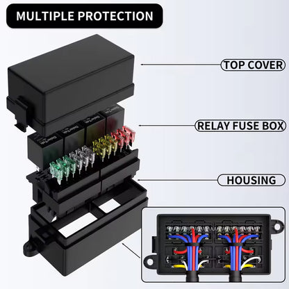 12V Pre-Wired Fuse Relay Box 4 Relays 12 ATC/ATO Fuses Waterproof for Car Marine