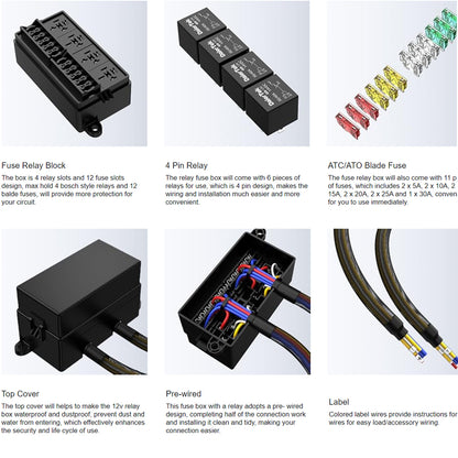 12V Pre-Wired Fuse Relay Box 4 Relays 12 ATC/ATO Fuses Waterproof for Car Marine