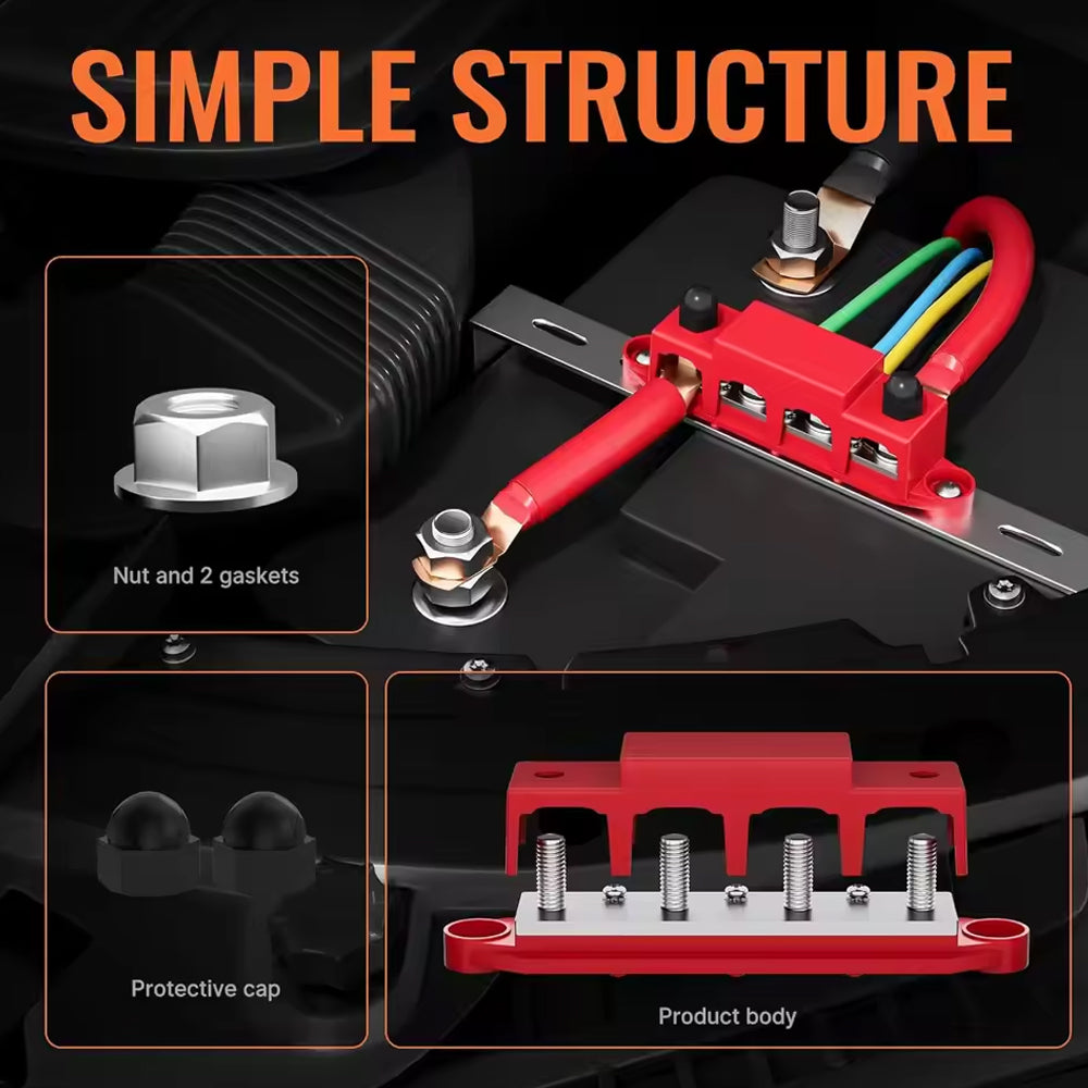 M10 Bus Bar 12V-48V 250A Power Distribution Block 4xM10 Posts Studs 3xM4Terminal