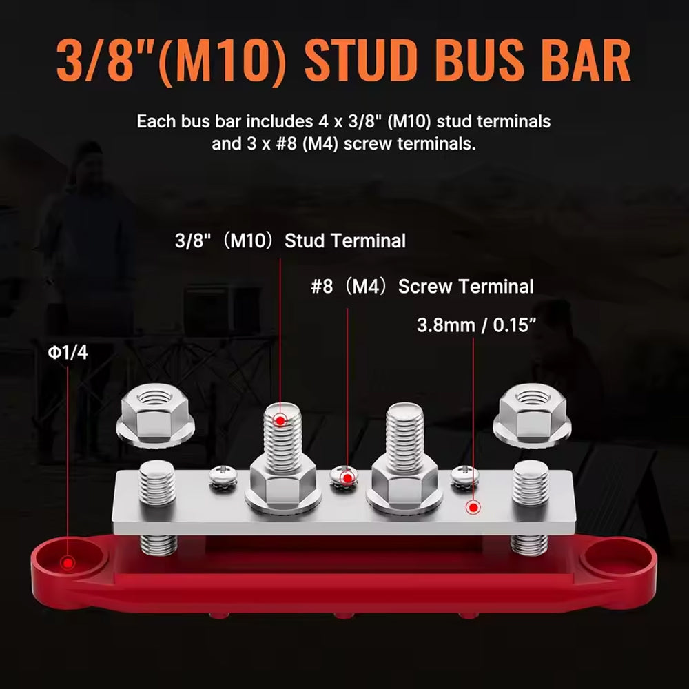 M10 Bus Bar 12V-48V 250A Power Distribution Block 4xM10 Posts Studs 3xM4Terminal