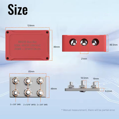 Bus Bar 12V-48V 500A Power Distribution Block 4xM8 and 2xM10 Posts Studs