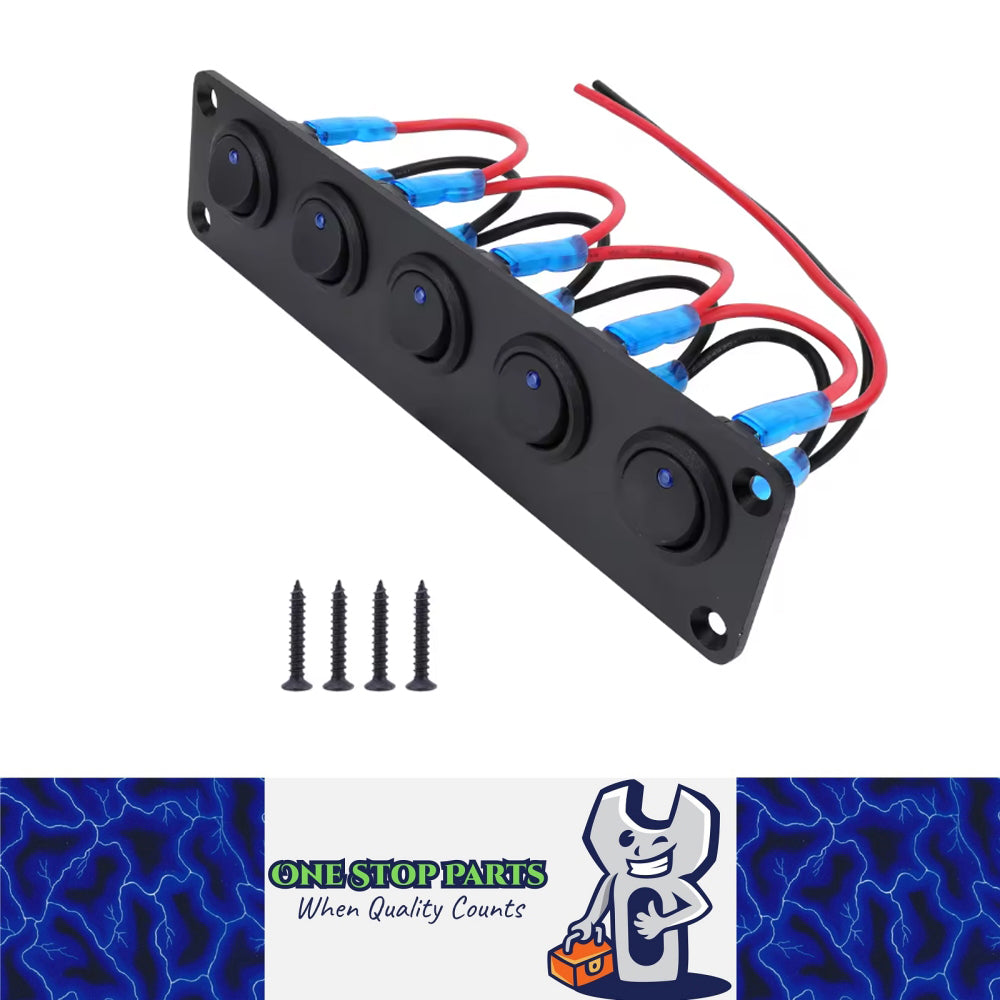 12v 5 x rocker button switches on panel with Blue LED Light pre wired with screw