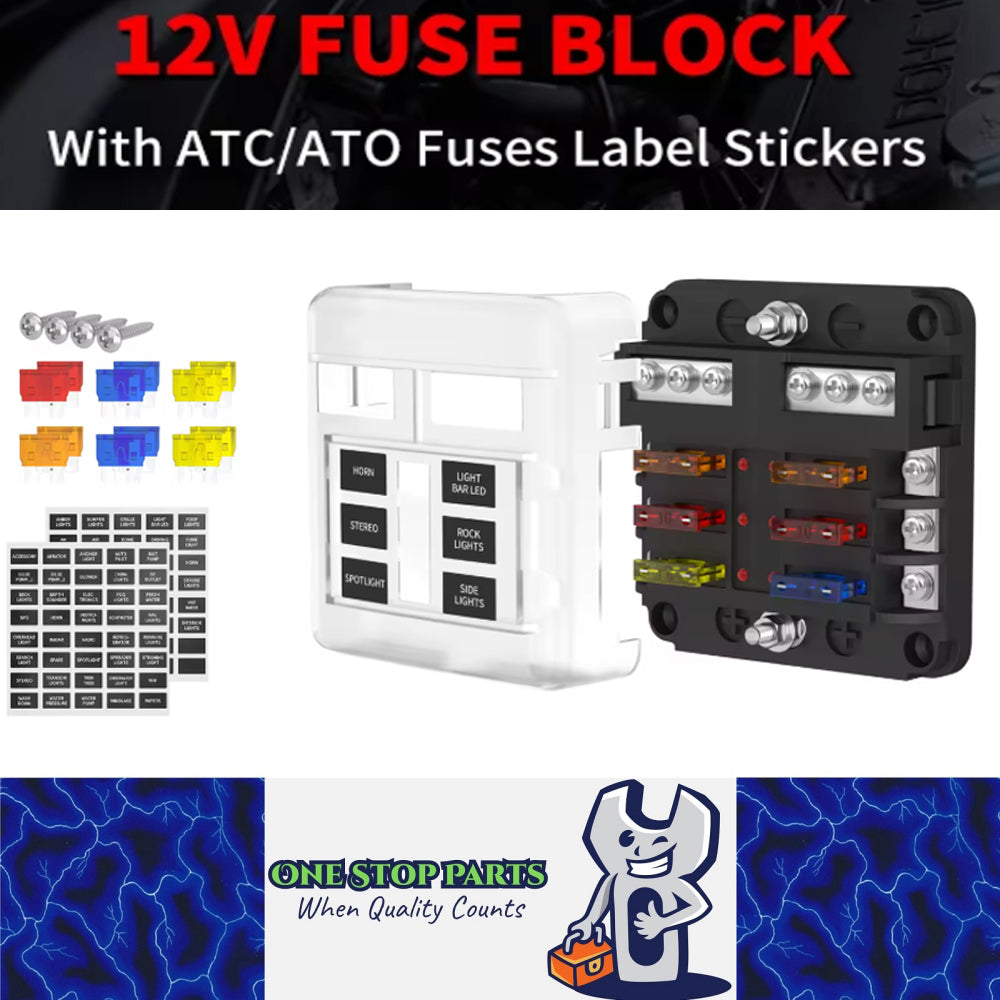 12V-36V 6 Way Fuse Box with Cover Name Plate Stickers Bus bar ATO/ATC Fuse Block
