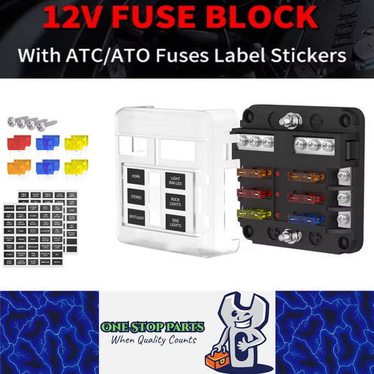 12V-36V 6 Way Fuse Box with Cover Name Plate Stickers Bus bar ATO/ATC Fuse Block