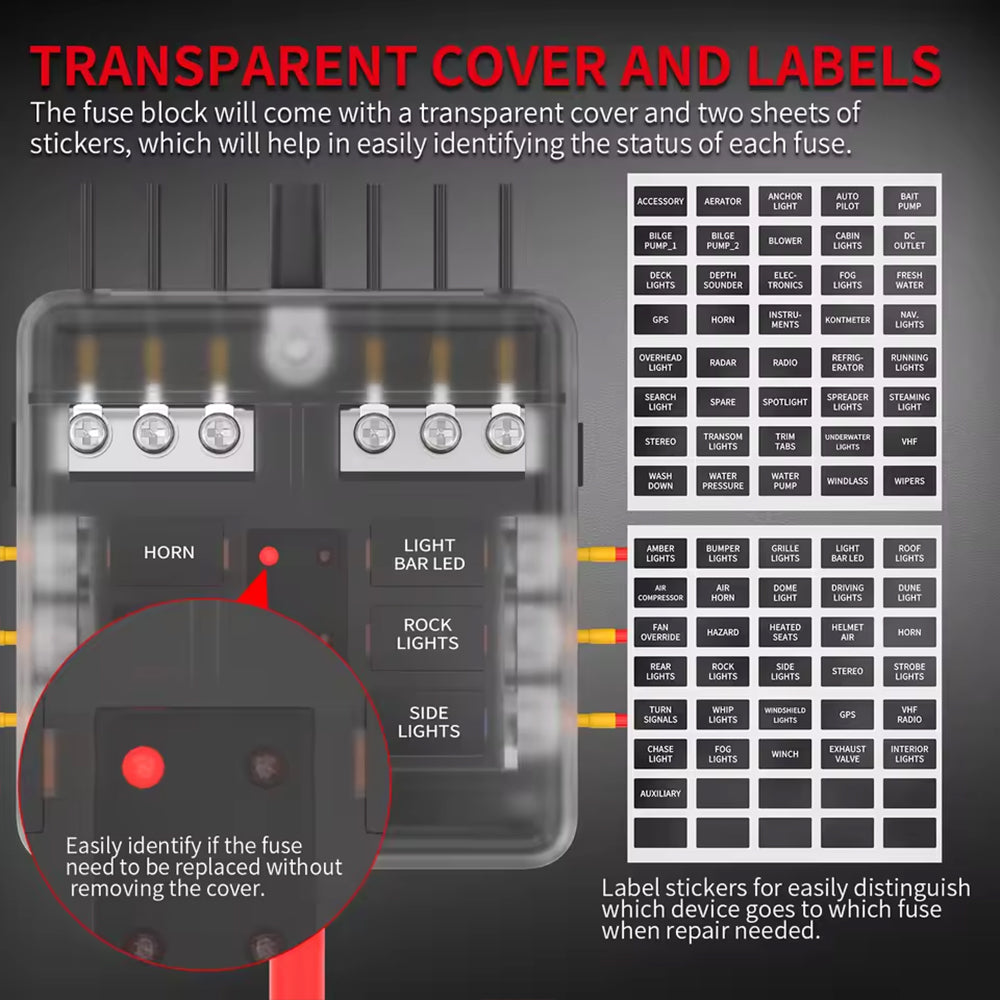 12V-36V 6 Way Fuse Box with Cover Name Plate Stickers Bus bar ATO/ATC Fuse Block