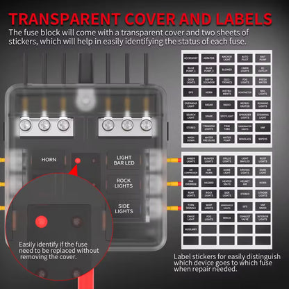 12V-36V 6 Way Fuse Box with Cover Name Plate Stickers Bus bar ATO/ATC Fuse Block