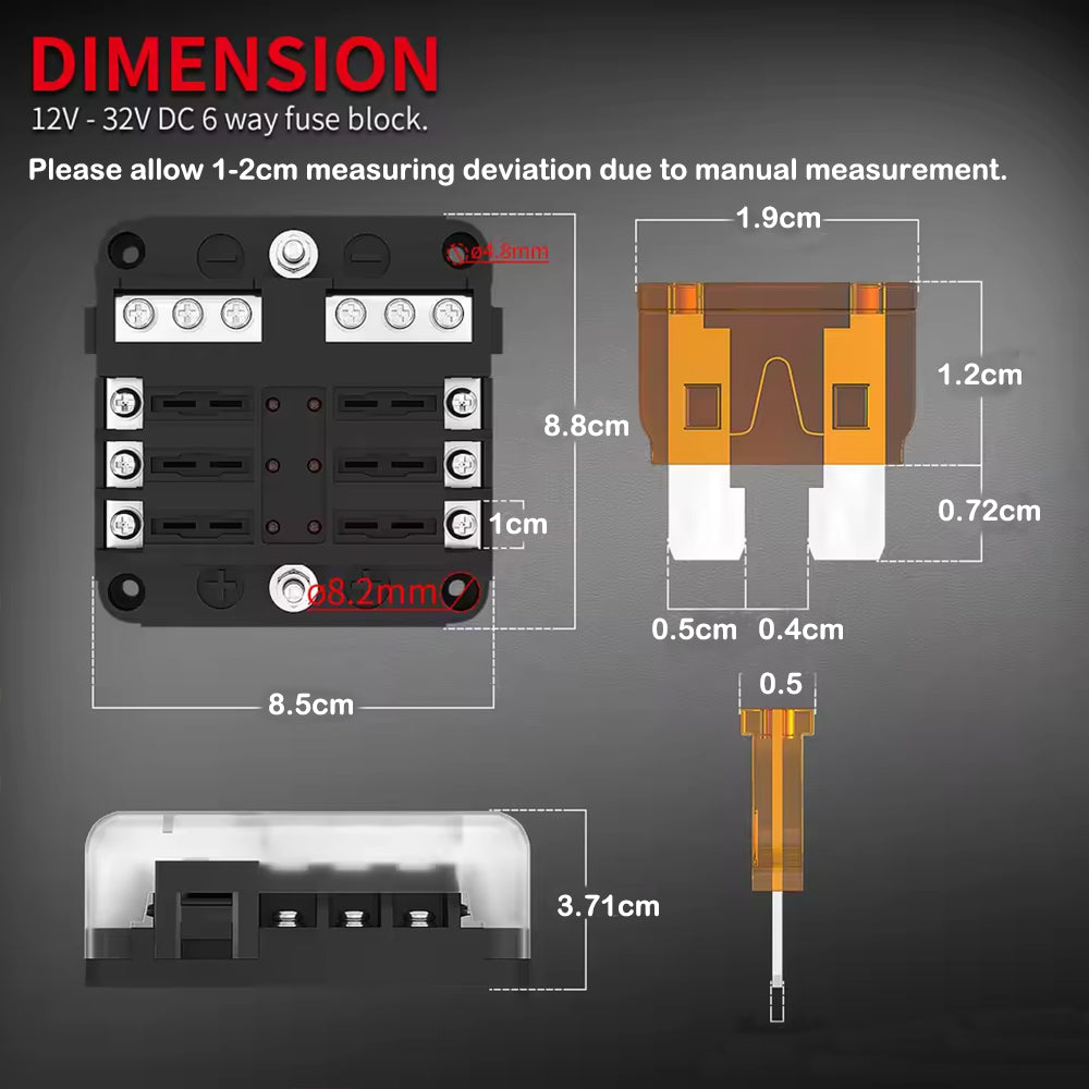 12V-36V 6 Way Fuse Box with Cover Name Plate Stickers Bus bar ATO/ATC Fuse Block