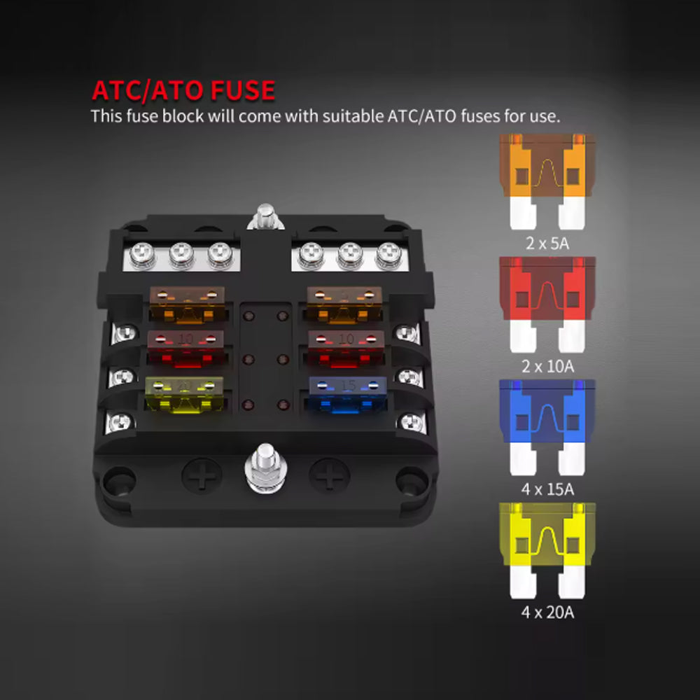 12V-36V 6 Way Fuse Box with Cover Name Plate Stickers Bus bar ATO/ATC Fuse Block