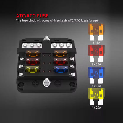 12V-36V 6 Way Fuse Box with Cover Name Plate Stickers Bus bar ATO/ATC Fuse Block