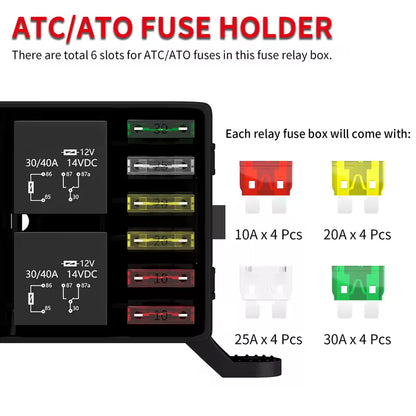 12V 6 Way Relay Box 6 Slot Fuse Hoder ATC/ATO Fuse Relay Block with Relay Fuse