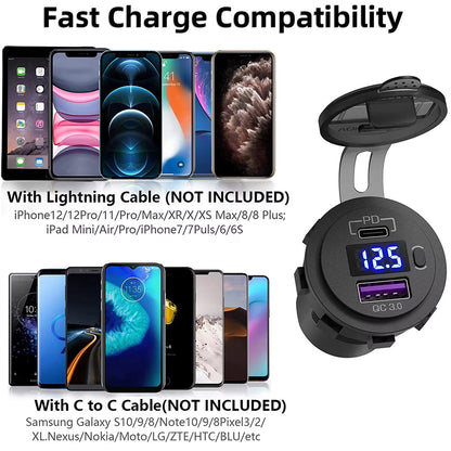 12V USB Charger Outlet 18W QC3.0 and 30W PD Type C USB Port Voltmeter USB Socket
