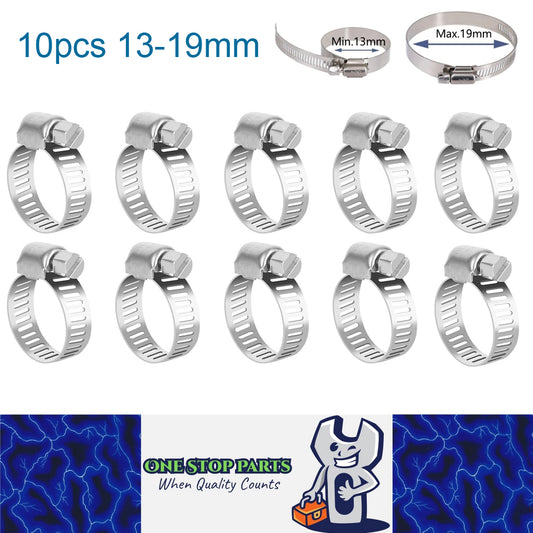 10 x 13-19mm Strong Stainless Steel Hose Clamps wide 8mm x 0.3mm Thick (10pcs)