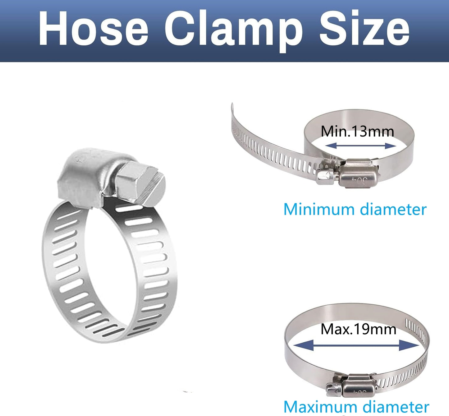 10 x 13-19mm Strong Stainless Steel Hose Clamps wide 8mm x 0.3mm Thick (10pcs)